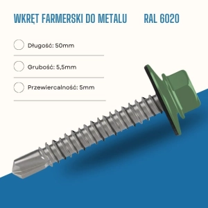 Wkręt farmerski do metalu 5,5X50 mm przewiercalność 5 mm w kolorze RAL 6020